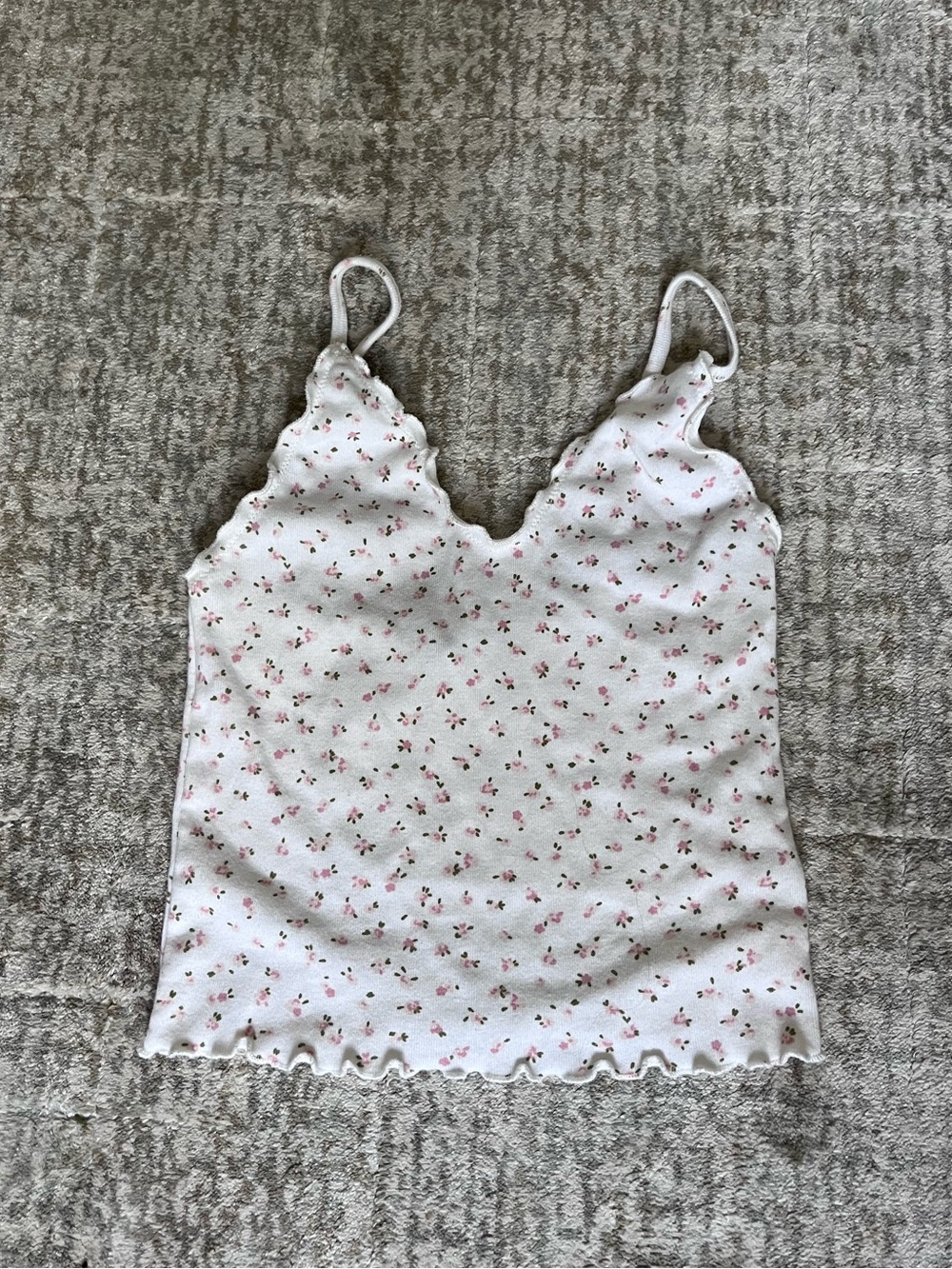Brandy Melville White Tank with Pink Floral Print and Scalloped Trim